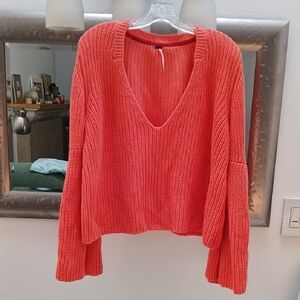 Free People Orange V-Neck Sweater Chunky Knit With Bell Sleeves